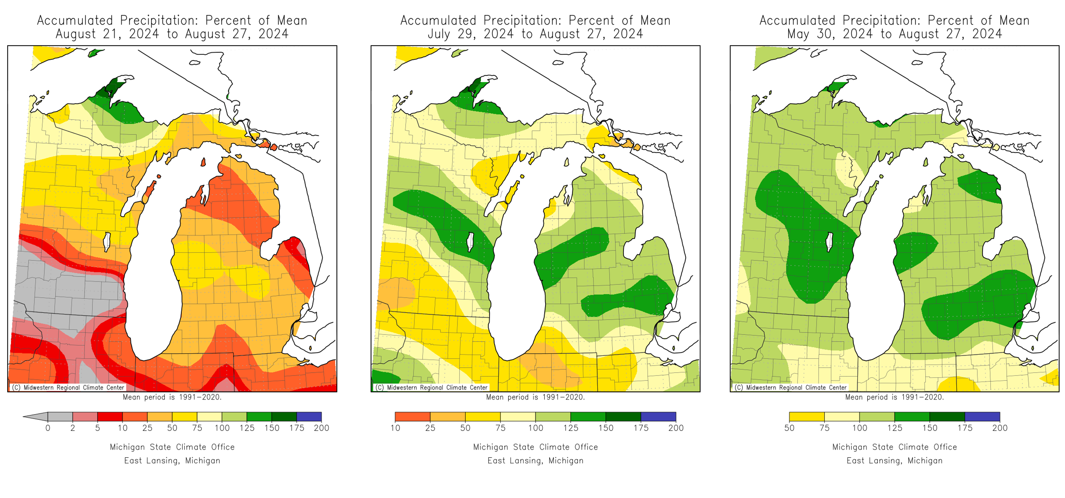 Maps of Michigan showing precipitation totals.